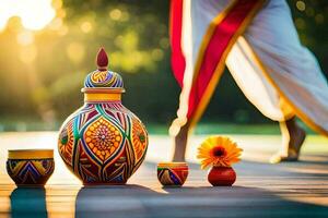 a woman in traditional indian clothing is holding a pot and a flower. AI-Generated photo