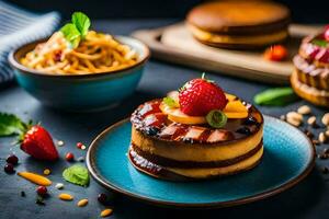 a plate with a cake and strawberries. AI-Generated photo