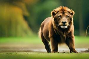 a lion walking in the grass. AI-Generated photo