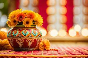 un vistoso florero con flores en un mesa. generado por ai foto