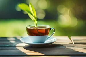 a cup of tea with a green plant on the table. AI-Generated photo