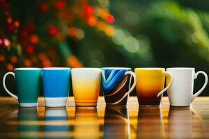 cinco diferente de colores café tazas forrado arriba en un mesa. generado por ai foto