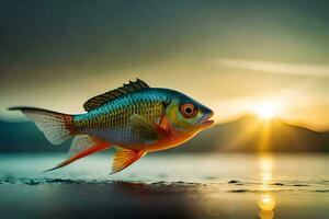 un pescado es nadando en el agua a puesta de sol. generado por ai foto