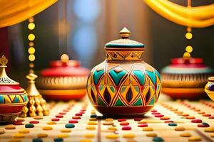 colorful vases and decorative items on a table. AI-Generated photo