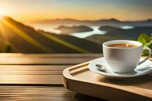 a cup of tea on a wooden tray with a view of the mountains. AI-Generated photo