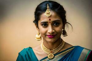 a beautiful indian woman wearing a traditional sari. AI-Generated photo