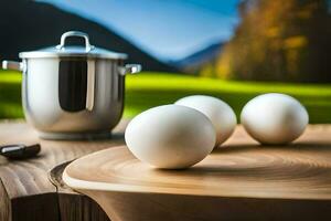 eggs on a wooden table with a pot and a pan. AI-Generated photo