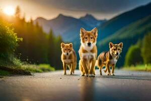 Tres perros caminando en un la carretera en el montañas. generado por ai foto