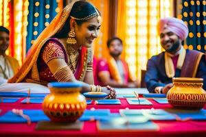 a bride and groom in traditional indian attire. AI-Generated photo