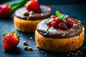 dos chocolate pasteles con fresas en cima. generado por ai foto