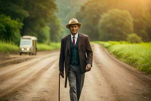 a man in a suit and hat walking down a dirt road. AI-Generated photo