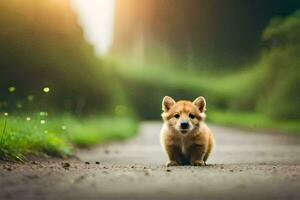 a small puppy is walking down a road. AI-Generated photo