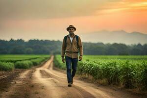 un hombre caminando en un suciedad la carretera en el medio de un campo. generado por ai foto