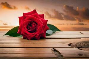 a single red rose sits on a wooden table in front of a sunset. AI-Generated photo