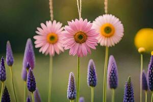 pink flowers and purple flowers are in a field. AI-Generated photo