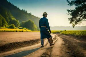 un hombre en un sombrero y azul vestir caminando abajo un suciedad la carretera. generado por ai foto