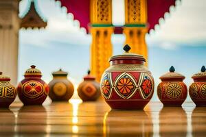 a row of colorful pots on a wooden floor. AI-Generated photo