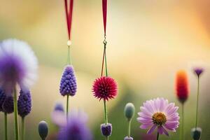 flores colgando desde un cuerda en un campo. generado por ai foto