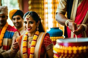 a bride and groom are smiling while holding a drum. AI-Generated photo