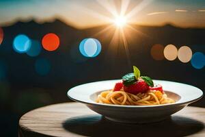 spaghetti in a white bowl with a view of the sunset. AI-Generated photo