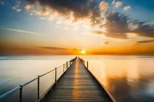 a long pier stretches out into the ocean at sunset. AI-Generated photo