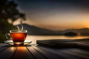 un taza de té en el mesa con un libro en el antecedentes. generado por ai foto
