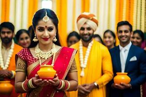 a woman in a sari holding a yellow pot. AI-Generated photo