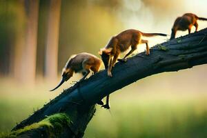 three small animals climbing on a tree branch. AI-Generated photo