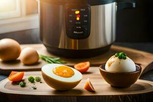 an egg is sitting on a cutting board next to an instant pot. AI-Generated photo