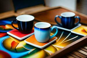 three coffee cups on a tray with a colorful design. AI-Generated photo