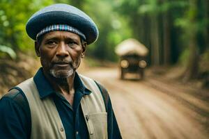 un hombre en un azul sombrero soportes en un suciedad la carretera. generado por ai foto