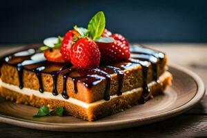 a piece of cake with chocolate sauce and strawberries. AI-Generated photo