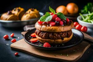 a hamburger with berries and other ingredients. AI-Generated photo