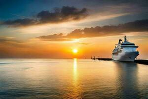 un crucero Embarcacion en el Oceano a puesta de sol. generado por ai foto