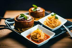 three small plates with spaghetti and sauce. AI-Generated photo