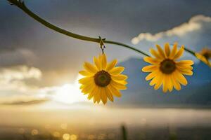 two yellow flowers are hanging from a branch in front of a sunset. AI-Generated photo