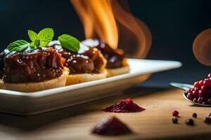 a plate with meatballs and berries on it. AI-Generated photo