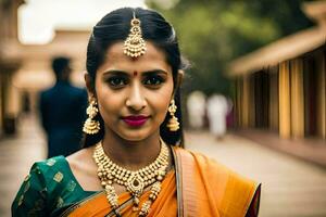 a beautiful indian woman wearing jewelry and a sari. AI-Generated photo