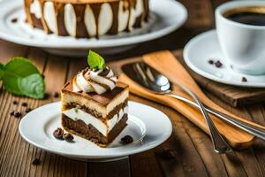 un rebanada de pastel con azotado crema y chocolate papas fritas en un de madera mesa. generado por ai foto