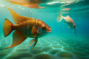 dos pescado nadando en el agua con luz de sol brillante en a ellos. generado por ai foto