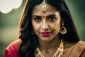 a beautiful indian woman wearing jewelry and a red sari. AI-Generated photo