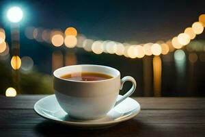 a cup of tea on a wooden table with a bokeh background. AI-Generated photo