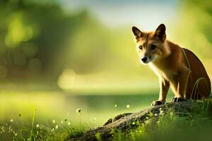 a fox sitting on a rock in the grass. AI-Generated photo