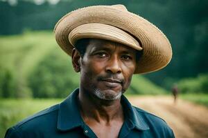 un hombre vistiendo un sombrero soportes en un campo. generado por ai foto