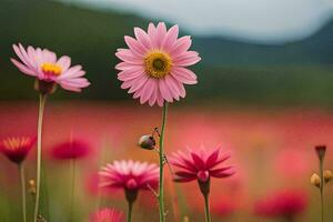 pink flowers in a field with mountains in the background. AI-Generated photo