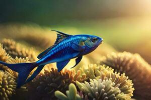 a blue fish is standing on top of some coral. AI-Generated photo