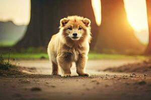 a puppy is walking on a dirt road at sunset. AI-Generated photo