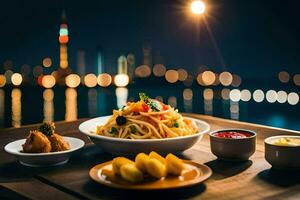 a plate of pasta and sauce on a wooden table in front of a cityscape. AI-Generated photo