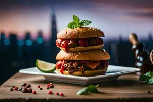 a stack of burgers on a plate with a cityscape in the background. AI-Generated photo