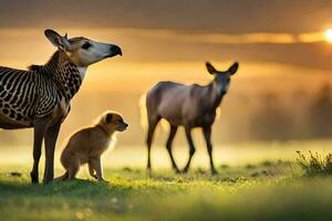 a zebra and a baby deer are standing in the grass. AI-Generated photo